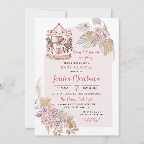 Boho Pink Floral Carousel Baby Shower Invitation