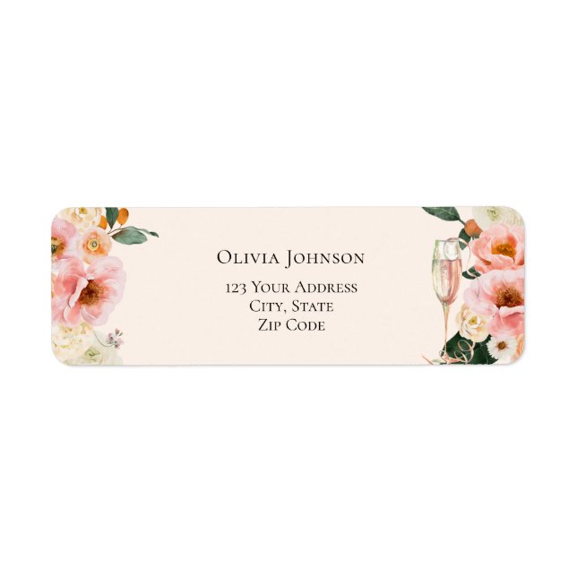 Boho Pink Floral Champagne Bridal Shower  Label (Front)
