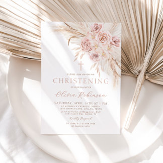 Boho Pink Floral Christening Baptism Invitation