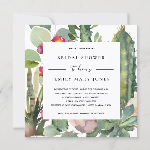 BOHO PINK FLORAL DESERT CACTI FAUNA BRIDAL SHOWER INVITATION