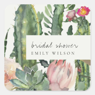 BOHO PINK FLORAL DESERT CACTI FAUNA BRIDAL SHOWER SQUARE STICKER