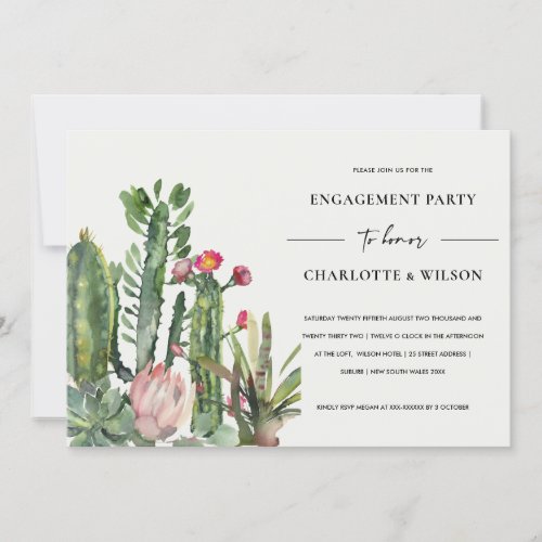 BOHO PINK FLORAL DESERT CACTI FAUNA ENGAGEMENT INVITATION