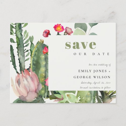 BOHO PINK FLORAL DESERT CACTI FAUNA SAVE THE DATE ANNOUNCEMENT POSTCARD