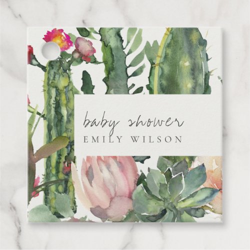 BOHO PINK FLORAL DESERT CACTI FOLIAGE BABY SHOWER FAVOR TAGS