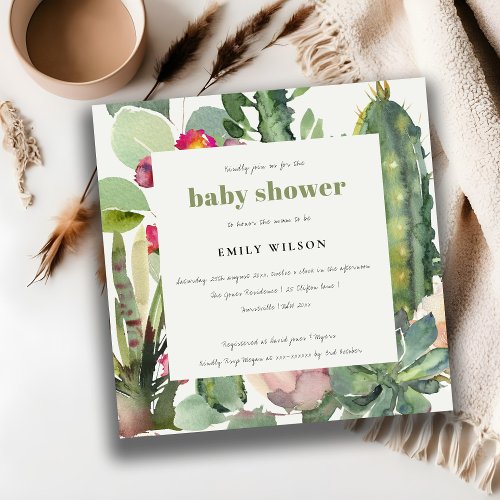 BOHO PINK FLORAL DESERT CACTI FOLIAGE BABY SHOWER INVITATION