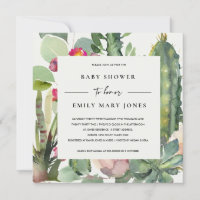 BOHO PINK FLORAL DESERT CACTI FOLIAGE BABY SHOWER INVITATION