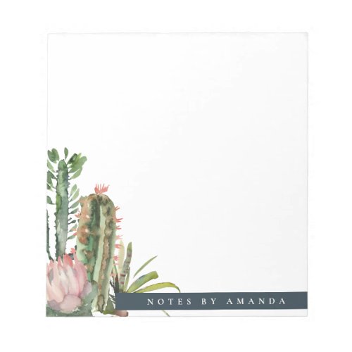 BOHO PINK FLORAL DESERT CACTI FOLIAGE WATERCOLOR NOTEPAD