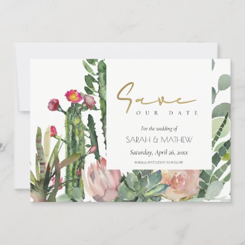 BOHO PINK FLORAL DESERT CACTI FOLIAGE WATERCOLOR S SAVE THE DATE