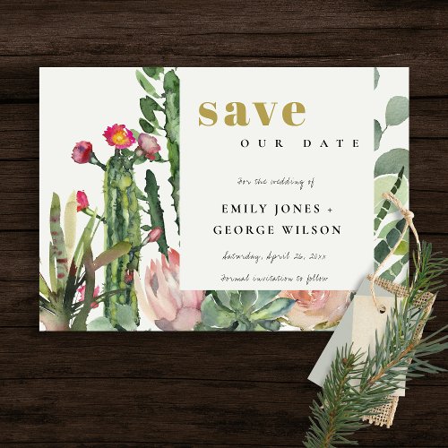 BOHO PINK FLORAL DESERT CACTI FOLIAGE WATERCOLOR SAVE THE DATE