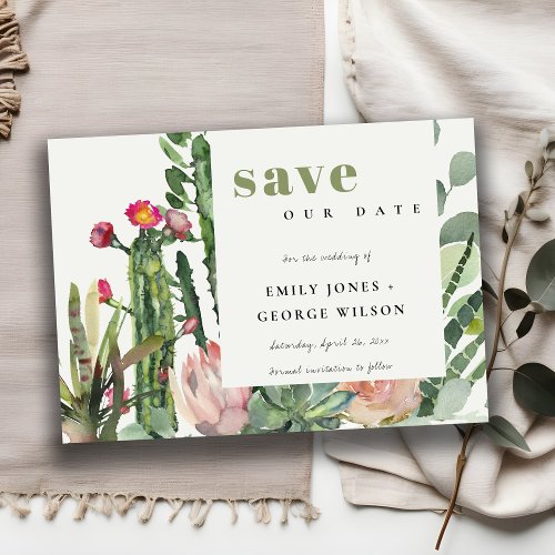 BOHO PINK FLORAL DESERT CACTI FOLIAGE WATERCOLOR SAVE THE DATE