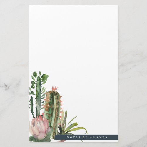 BOHO PINK FLORAL DESERT CACTI FOLIAGE WATERCOLOR STATIONERY