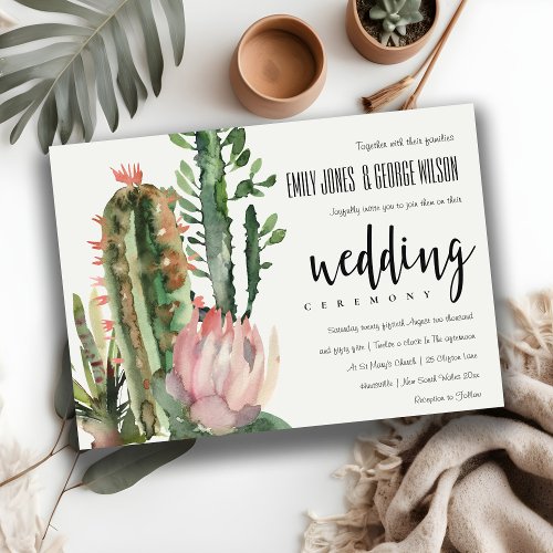 BOHO PINK FLORAL DESERT CACTI FOLIAGE WEDDING INVITATION