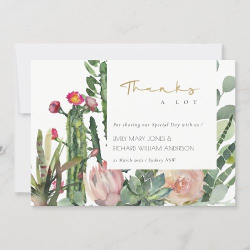 BOHO PINK FLORAL DESERT CACTI FOLIAGE WEDDING THANK YOU CARD