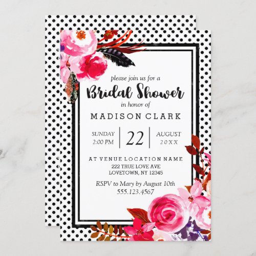 Boho Pink Floral  Dots Bridal Shower Invitation