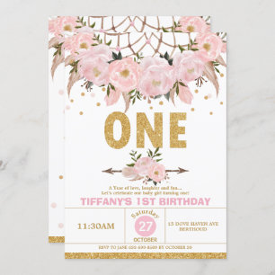 Boho Pink Floral Dream Catcher 1st Birthday Girl Invitation