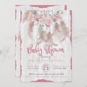 BOHO Pink Floral DreamCatcher Tribal Baby Shower Invitation