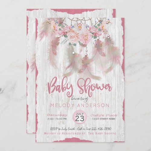 BOHO Pink  Floral  DreamCatcher Tribal Baby Shower Invitation