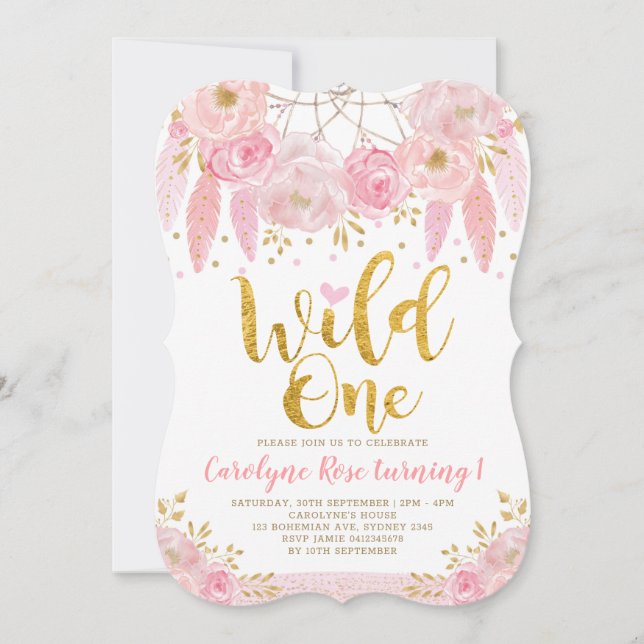 Boho Pink Floral Dreamcatcher Wild One Birthday Invitation (Front)