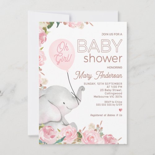 Boho Pink Floral Elephant Balloon Baby Shower Invitation