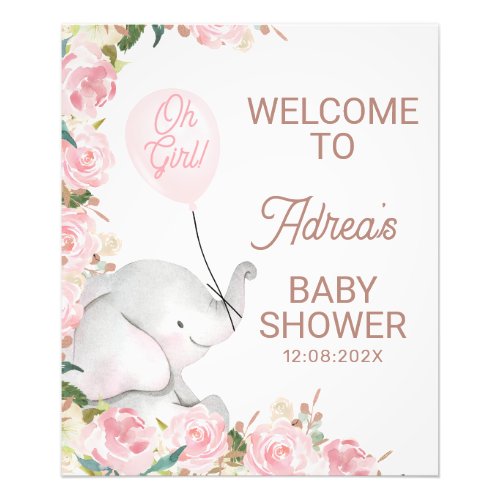 Boho Pink Floral Elephant Balloon Baby Shower Sign