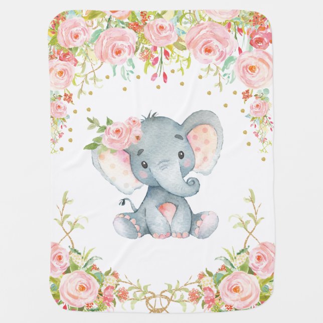 Boho Pink Floral Elephant Nursery Baby Blanket (Front)