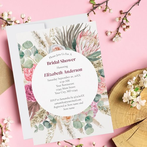 Boho Pink Floral Eucalyptus Greenery Bridal Shower Invitation