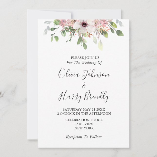 Boho Pink Floral Eucalyptus Greenery Wedding Invitation (Front)