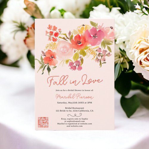 Boho pink floral fall in love pretty bridal shower invitation