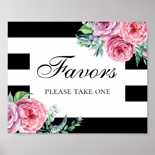 Boho pink floral favors Black stripes wedding Poster