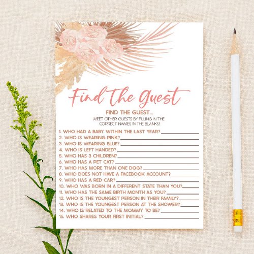 Boho Pink Floral Find The Guest Baby Shower Game Stationery