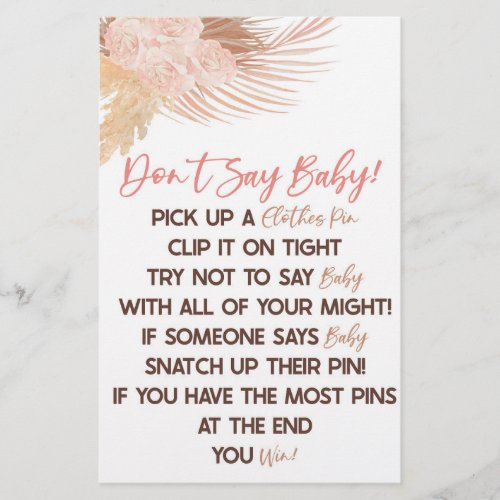 Boho Pink Floral Flower Dont Say Baby Shower Game Stationery