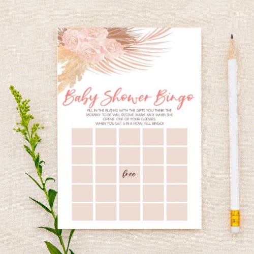 Boho Pink Floral Flowers Bingo Baby Shower Game Stationery