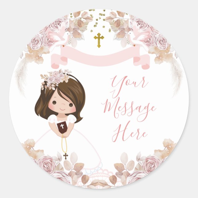 Boho Pink Floral Girl 1st Communion Your Message Classic Round Sticker (Front)