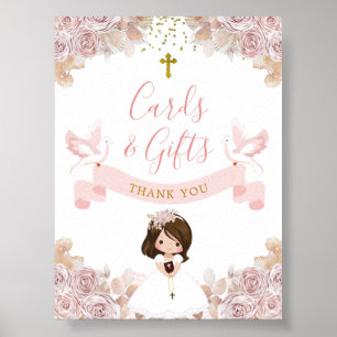 Boho Pink Floral Girl First Communion Cards & Gift Poster