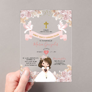 Boho Pink Floral Girl First Holy Communion Acrylic Invitations