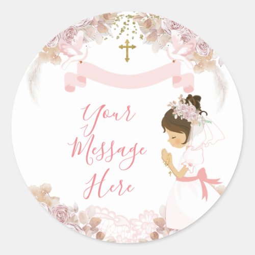 Boho Pink Floral Girl FIRST Holy Communion Cross Classic Round Sticker