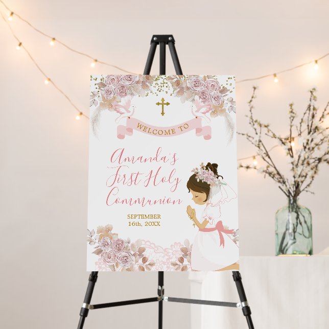 Boho Pink Floral Girl FIRST Holy Communion Cross Foam Board (In Situ (Stand))