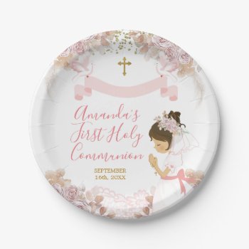 Boho Pink Floral Girl First Holy Communion Cross Paper Plates by HappyPartyStudio at Zazzle