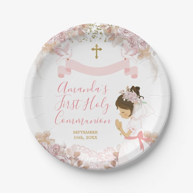 Boho Pink Floral Girl FIRST Holy Communion Cross Paper Plates (Front)