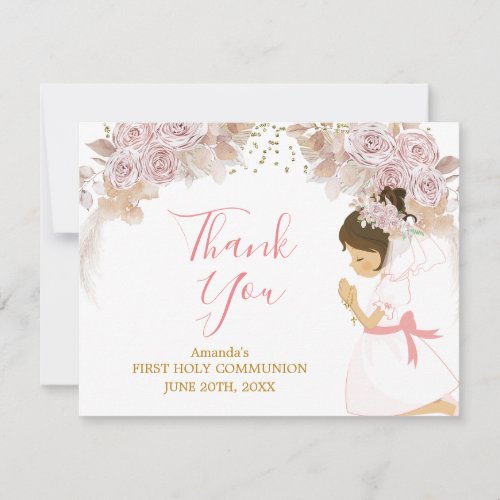 Boho Pink Floral Girl FIRST Holy Communion Cross Thank You Card