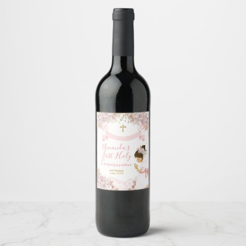 Boho Pink Floral Girl FIRST Holy Communion Cross Wine Label