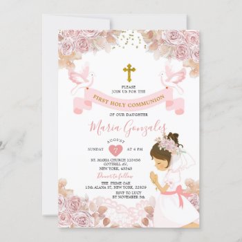 Boho Pink Floral Girl First Holy Communion Invitation by HappyPartyStudio at Zazzle