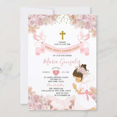 Boho Pink Floral Girl First Holy Communion Invitation