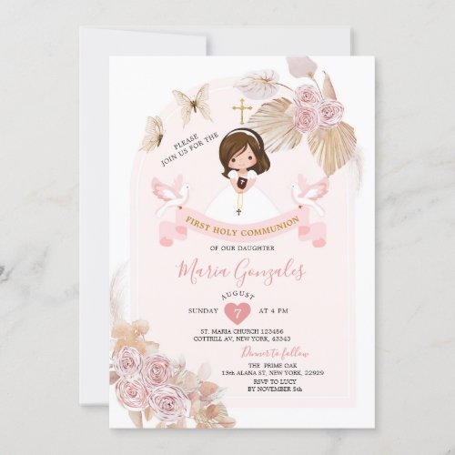 Boho Pink Floral Girl First Holy Communion Invitation