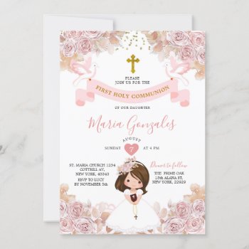 Boho Pink Floral Girl First Holy Communion Invitation by HappyPartyStudio at Zazzle
