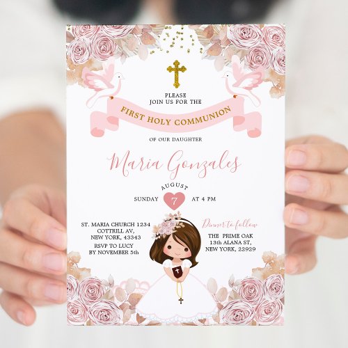 Boho Pink Floral Girl First Holy Communion Invitation