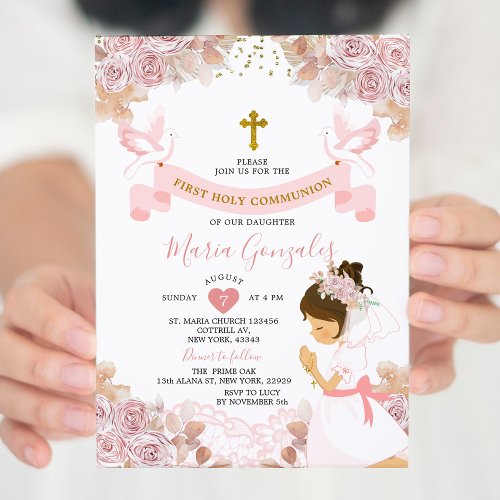 Boho Pink Floral Girl First Holy Communion Invitation