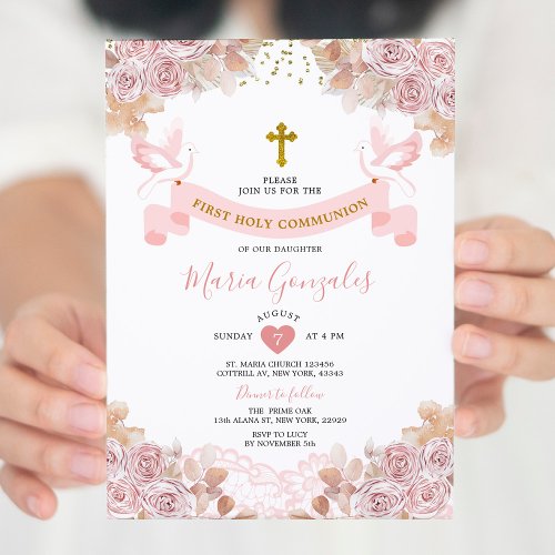 Boho Pink Floral Girl First Holy Communion Invitation