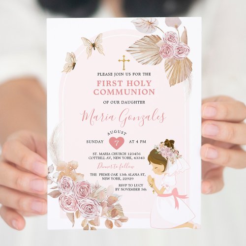 Boho Pink Floral Girl First Holy Communion Invitation