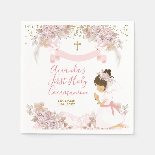 Boho Pink Floral Girl FIRST Holy Communion Napkins